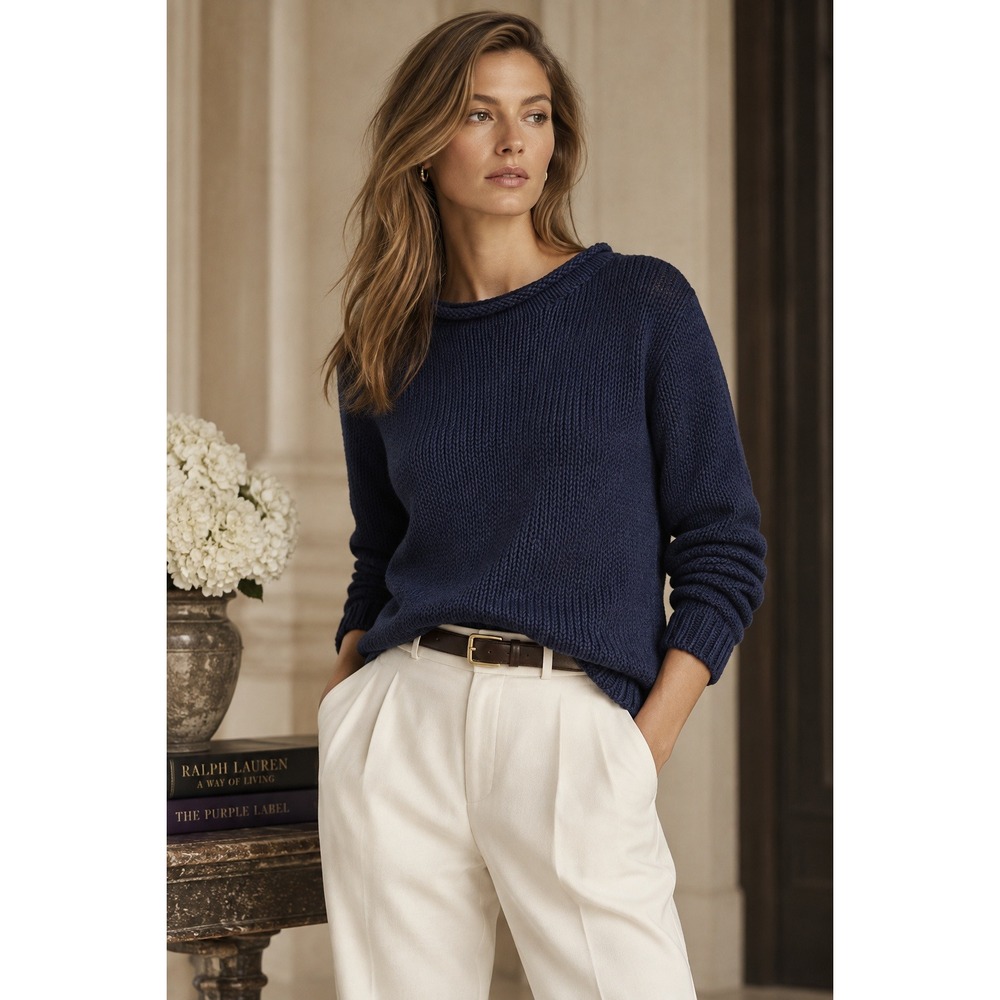 Ralph Lauren Purple Label Collection Navy Blue Open Knit Roll Neck Sweater- L
